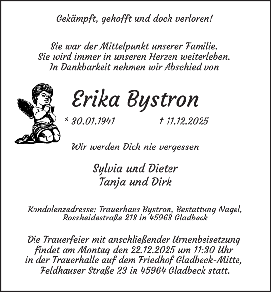 Traueranzeige von Erika Bystron von Tageszeitung
