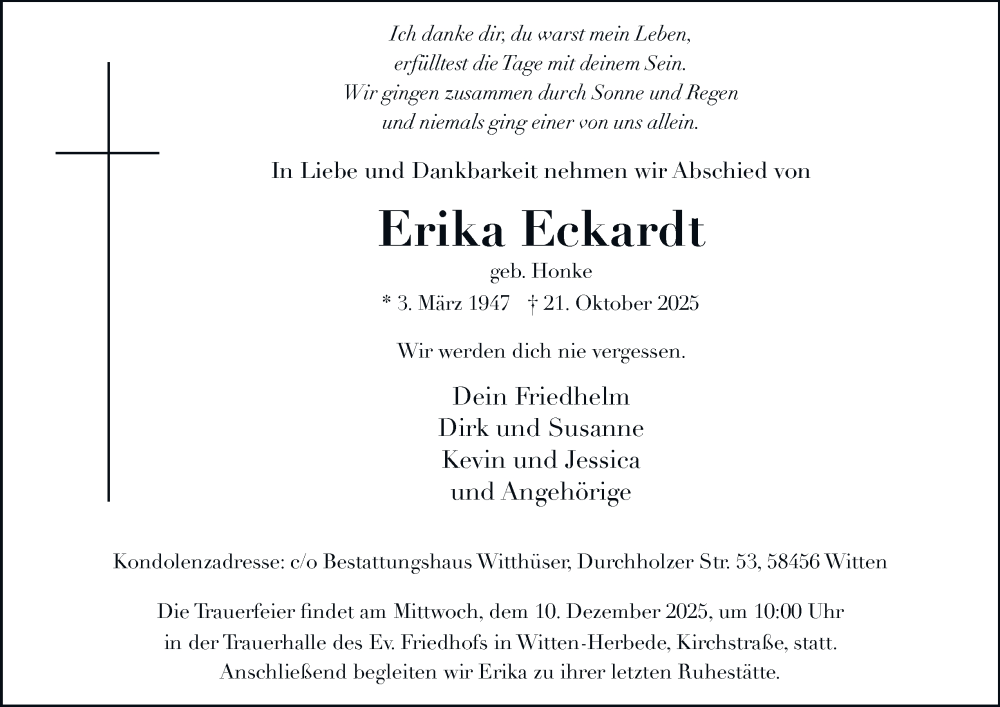  Traueranzeige für Erika Eckardt vom 06.12.2025 aus Tageszeitung