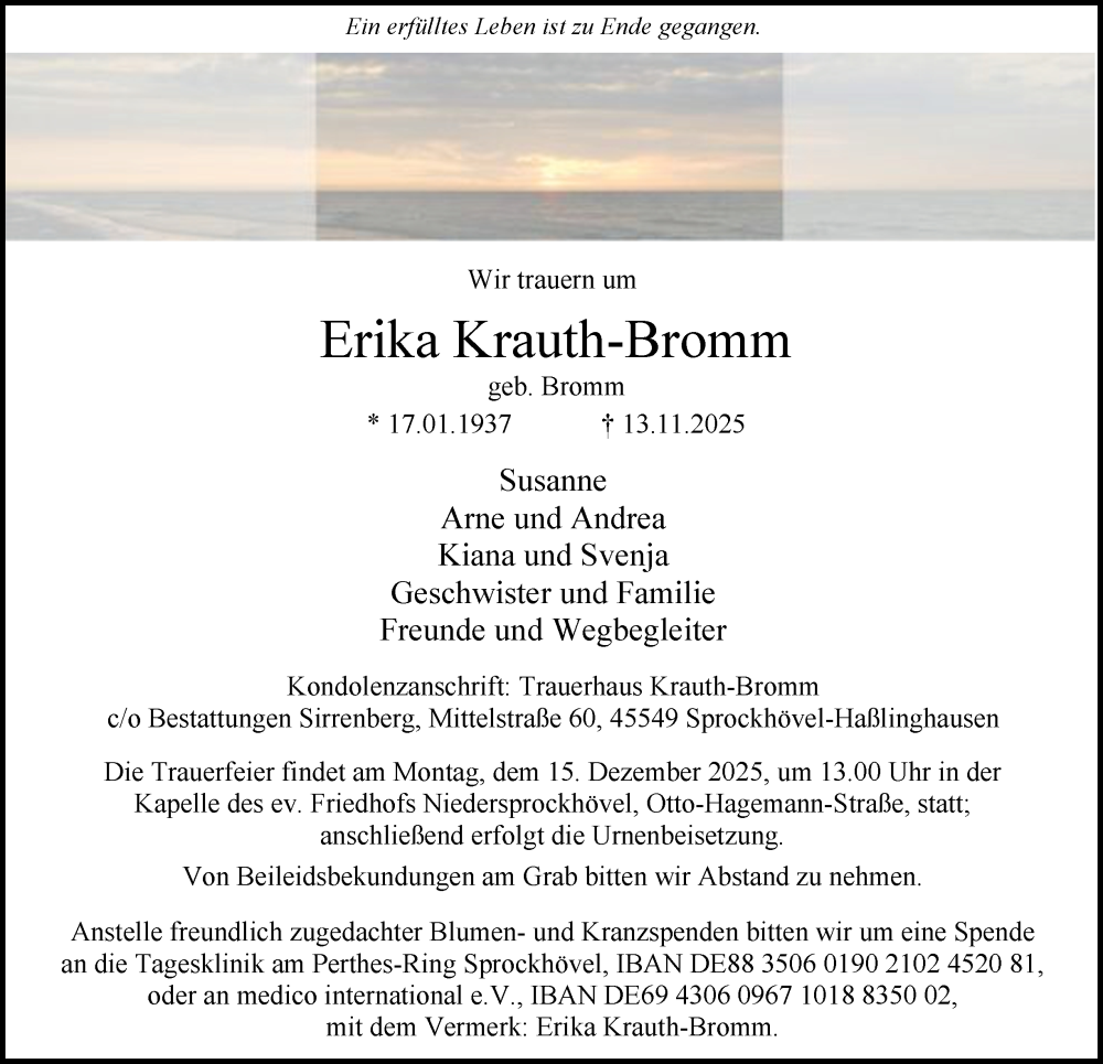  Traueranzeige für Erika Krauth-Bromm vom 06.12.2025 aus Tageszeitung