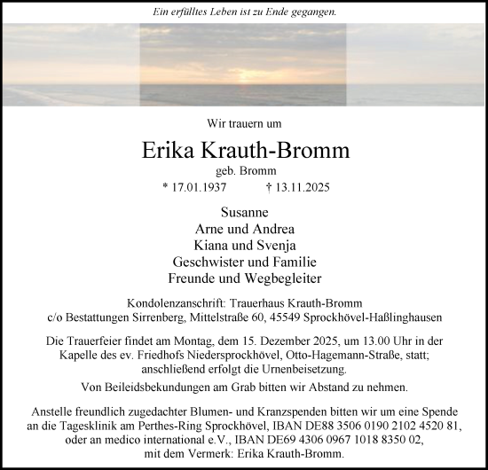 Traueranzeige von Erika Krauth-Bromm von Tageszeitung