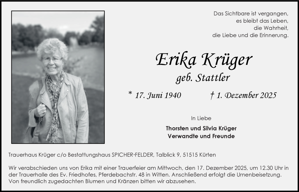  Traueranzeige für Erika Krüger vom 06.12.2025 aus Tageszeitung