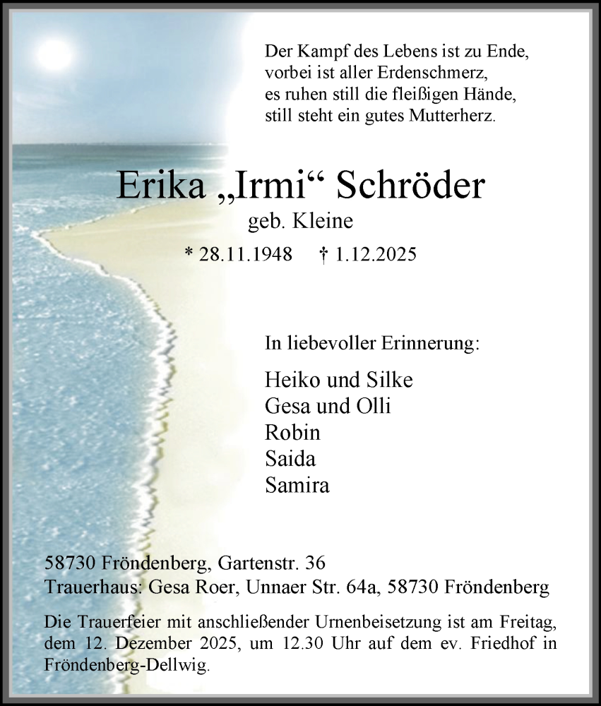  Traueranzeige für Erika Schröder vom 06.12.2025 aus Tageszeitung
