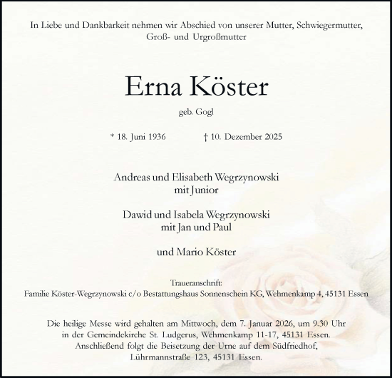 Traueranzeige von Erna Köster von Tageszeitung
