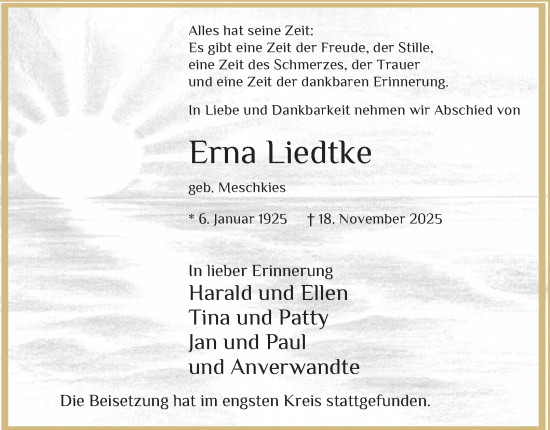 Traueranzeige von Erna Liedtke von Tageszeitung
