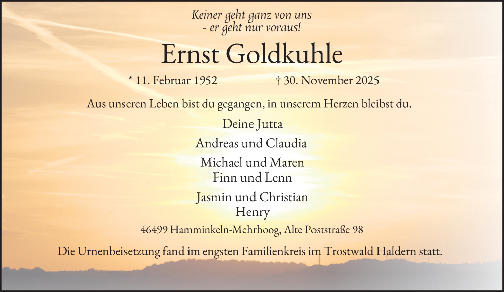  Traueranzeige für Ernst Goldkuhle vom 13.12.2025 aus Tageszeitung