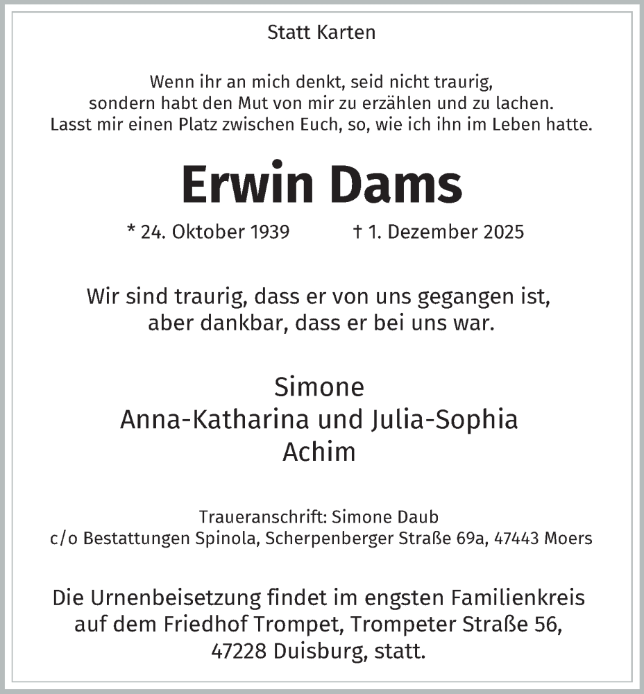  Traueranzeige für Erwin Dams vom 06.12.2025 aus Tageszeitung