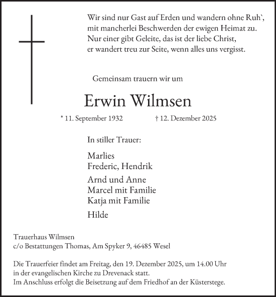 Traueranzeige von Erwin Wilmsen von Tageszeitung