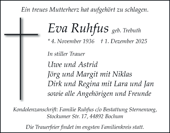 Traueranzeige von Eva Ruhfus von Tageszeitung