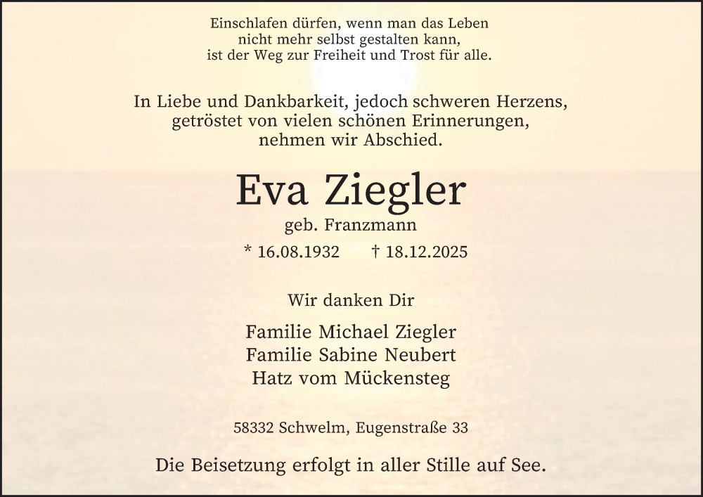  Traueranzeige für Eva Ziegler vom 27.12.2025 aus Tageszeitung