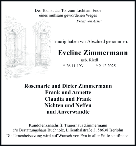 Traueranzeige von Eveline Zimmermann von Tageszeitung