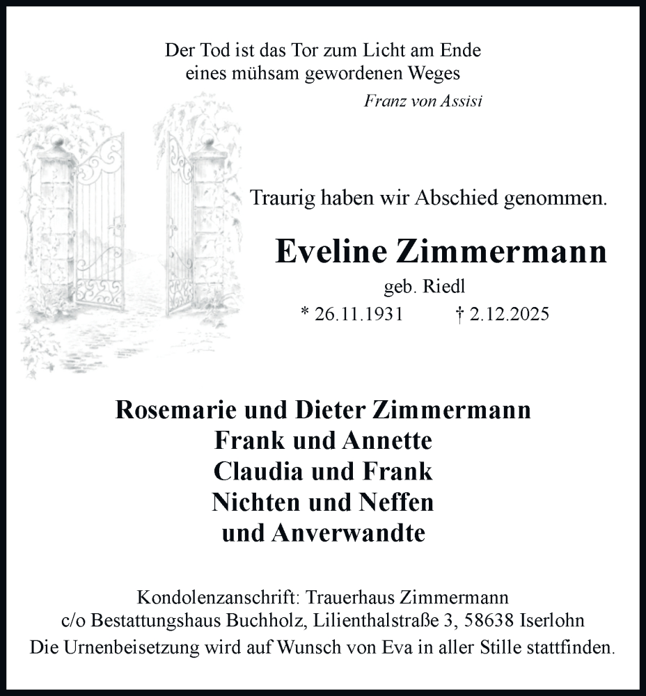  Traueranzeige für Eveline Zimmermann vom 06.12.2025 aus Tageszeitung