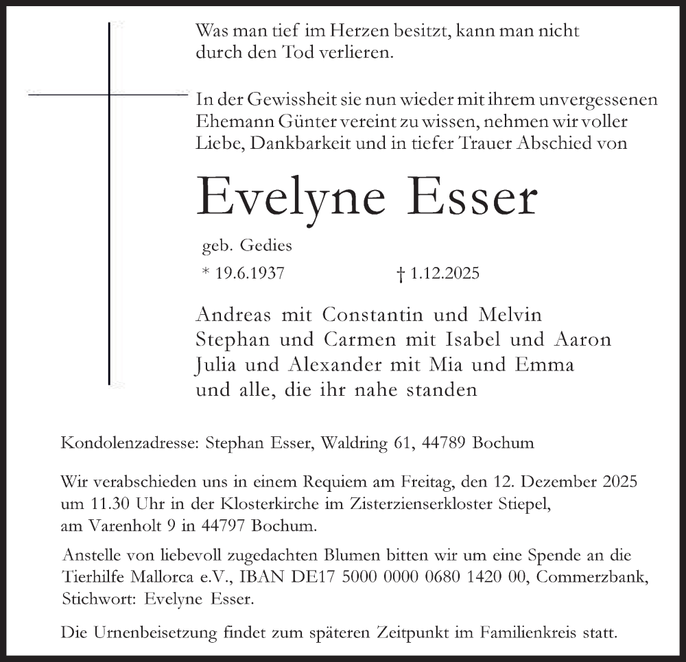  Traueranzeige für Evelyne Esser vom 10.12.2025 aus Tageszeitung