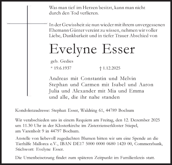 Traueranzeige von Evelyne Esser von Tageszeitung