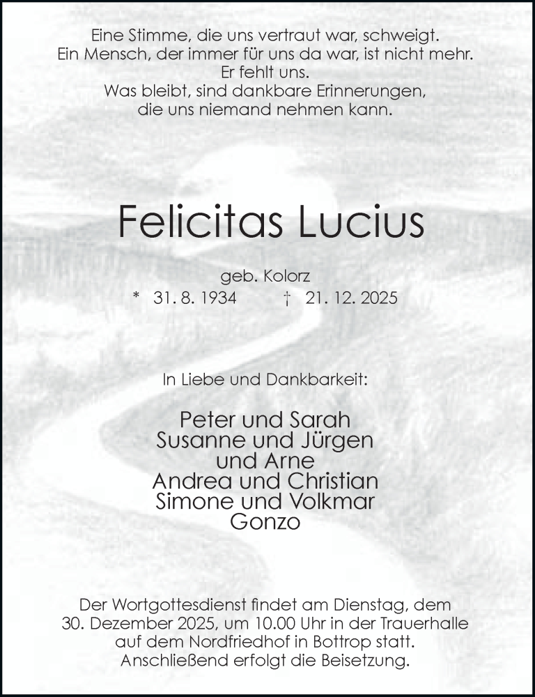  Traueranzeige für Felicitas Lucius vom 27.12.2025 aus Tageszeitung