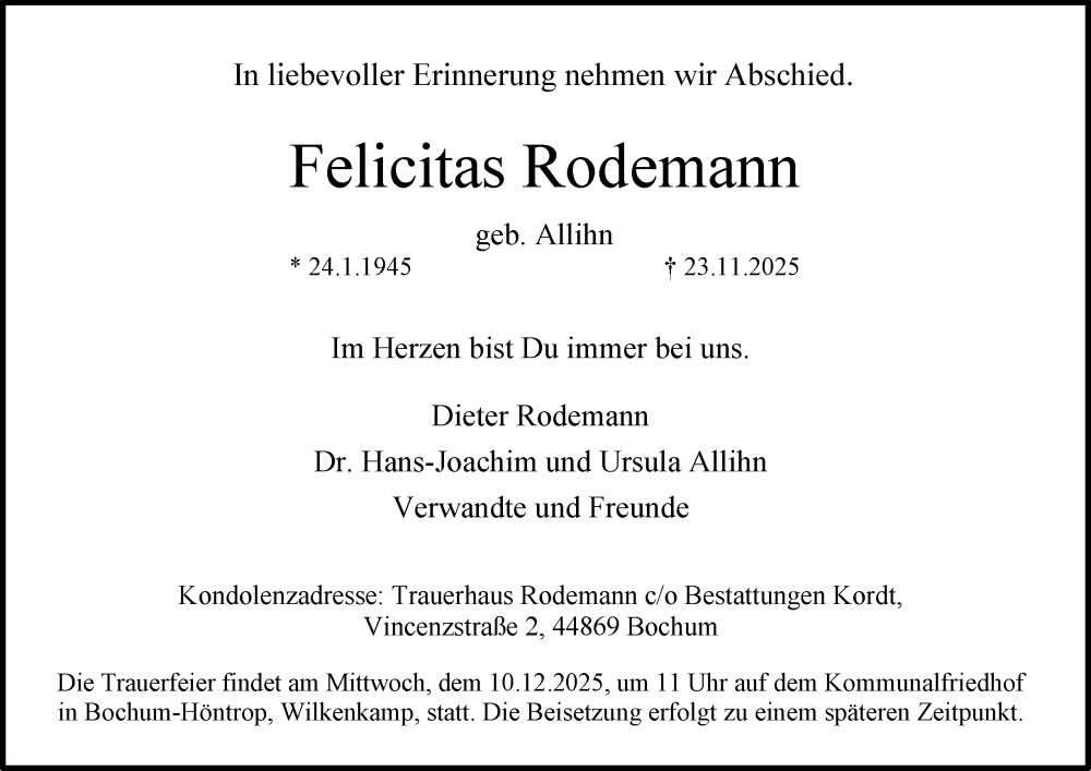  Traueranzeige für Felicitas Rodemann vom 06.12.2025 aus Tageszeitung