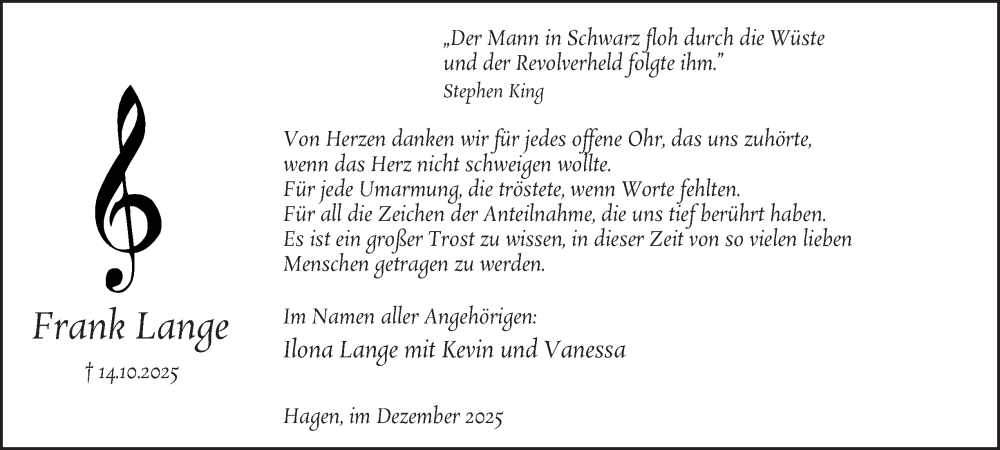  Traueranzeige für Frank Lange vom 20.12.2025 aus Tageszeitung