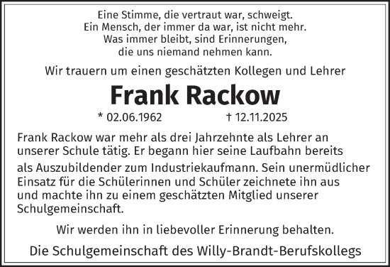 Traueranzeige von Frank Rackow von Tageszeitung
