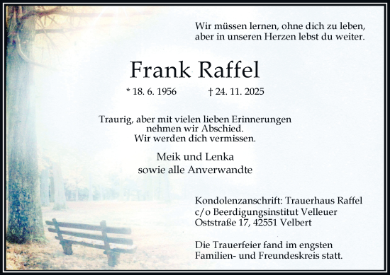 Traueranzeige von Frank Raffel von Tageszeitung