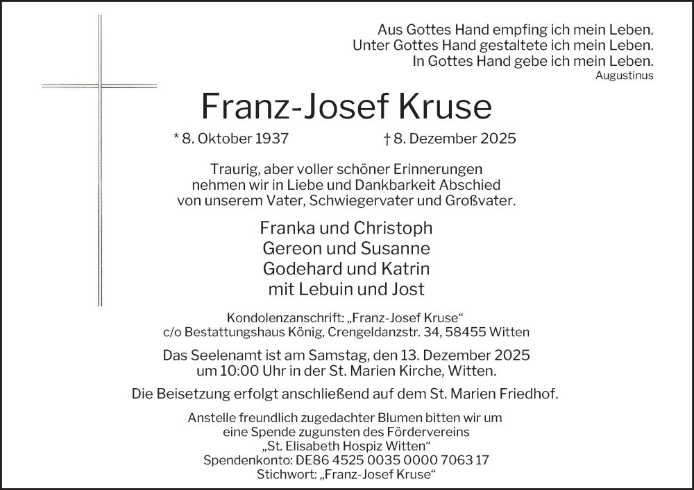  Traueranzeige für Franz-Josef Kruse vom 11.12.2025 aus Tageszeitung