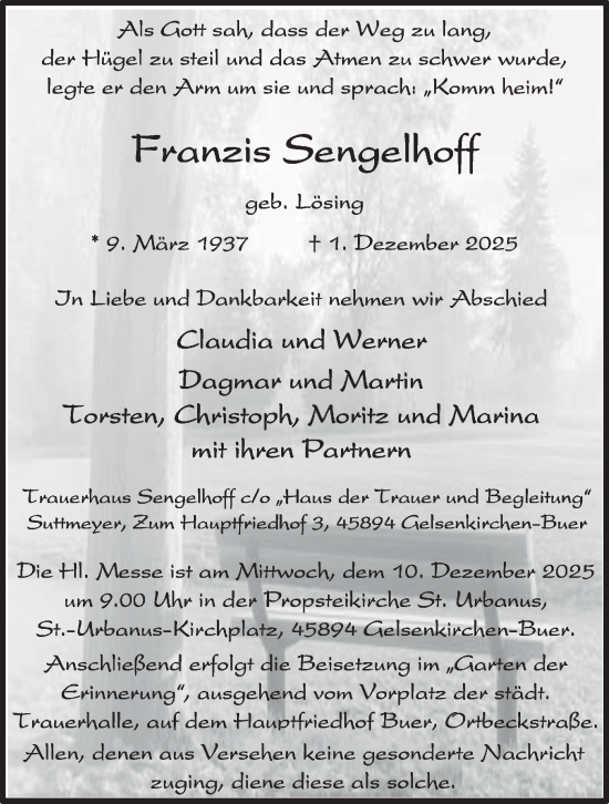 Traueranzeige von Franzis Sengelhoff von Tageszeitung