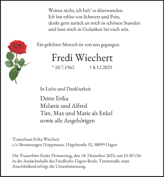 Traueranzeige von Fredi Wiechert von Tageszeitung