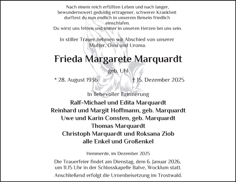 Traueranzeige für Frieda Margarete Marquardt vom 27.12.2025 aus Tageszeitung