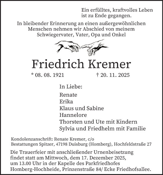 Traueranzeige von Friedrich Kremer von Tageszeitung