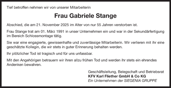 Traueranzeige von Gabriele Stange von Tageszeitung