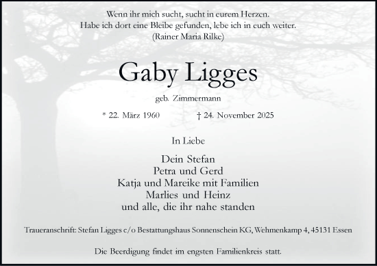 Traueranzeige von Gaby Ligges von Tageszeitung