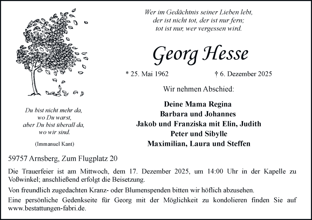  Traueranzeige für Georg Hesse vom 13.12.2025 aus Tageszeitung