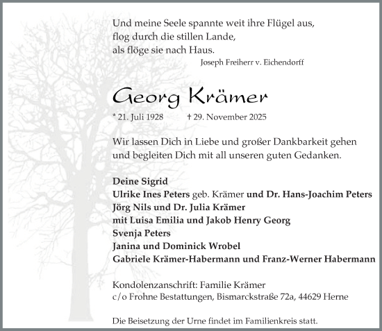 Traueranzeige von Georg Krämer von Tageszeitung