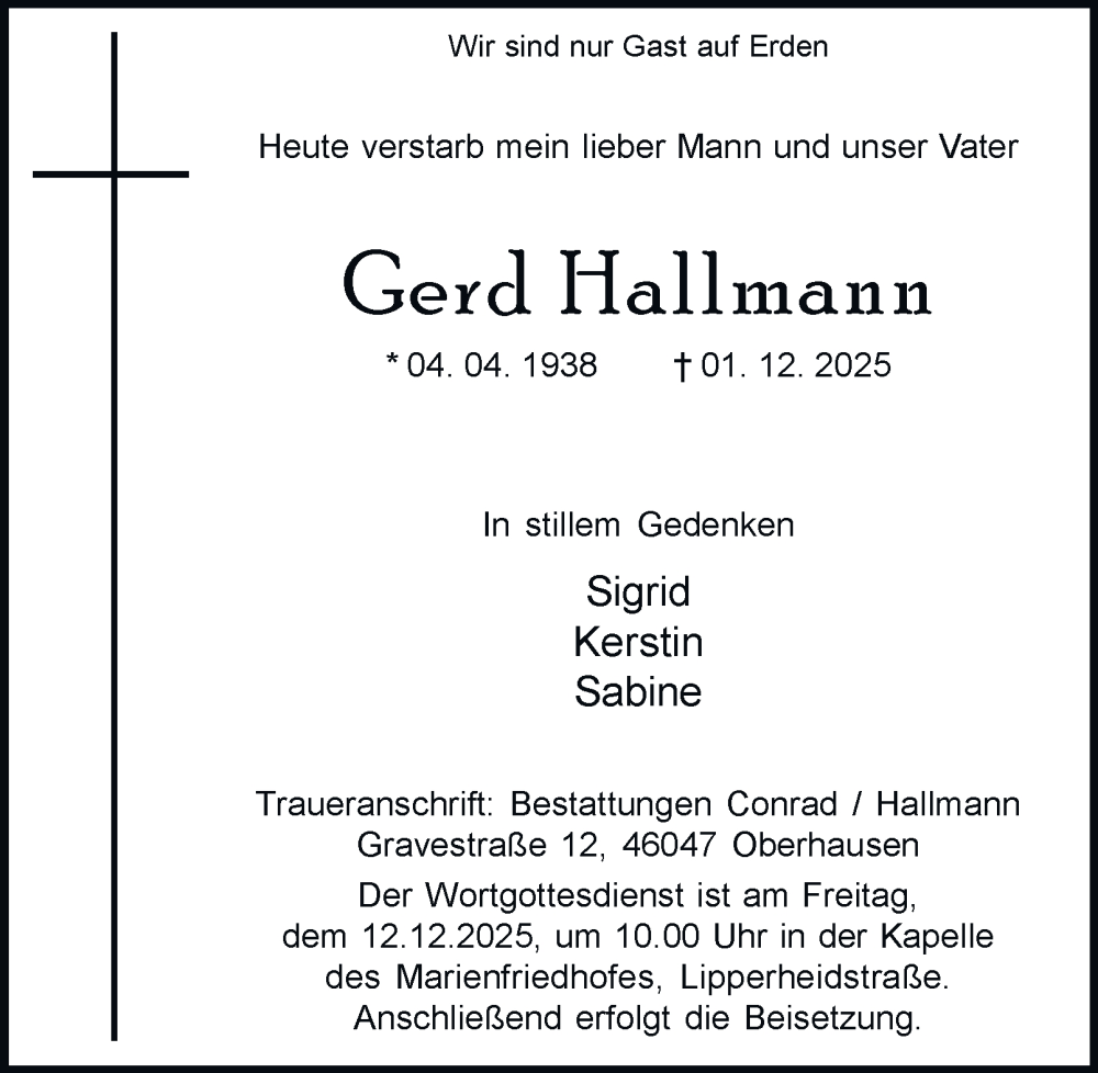  Traueranzeige für Gerd Hallmann vom 06.12.2025 aus Tageszeitung