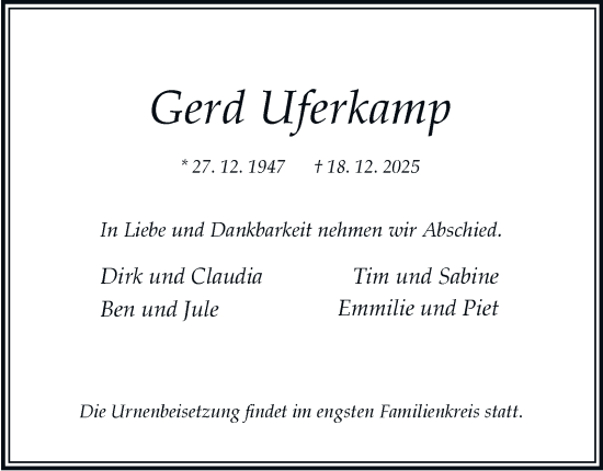 Traueranzeige von Gerd Uferkamp von Tageszeitung