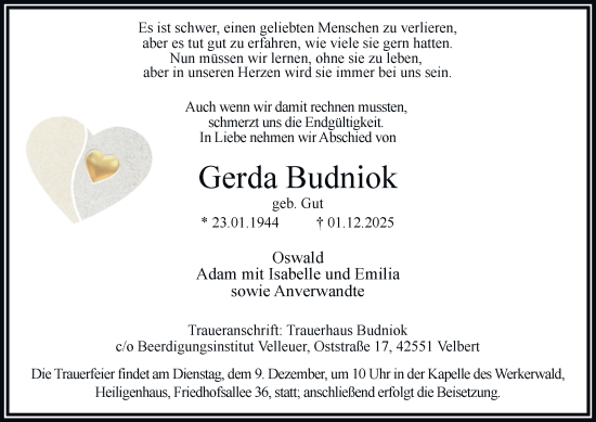 Traueranzeige von Gerda Budniok von Tageszeitung