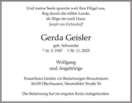 Traueranzeige von Gerda Geisler von Tageszeitung
