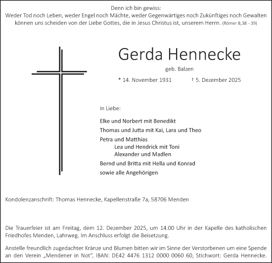 Traueranzeige von Gerda Hennecke von Tageszeitung