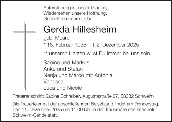 Traueranzeige von Gerda Hillesheim von Tageszeitung