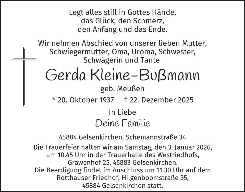  Traueranzeige für Gerda Kleine-Bußmann vom 30.12.2025 aus Tageszeitung