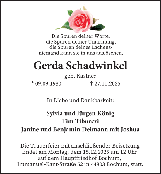 Traueranzeige von Gerda Schadwinkel von Tageszeitung
