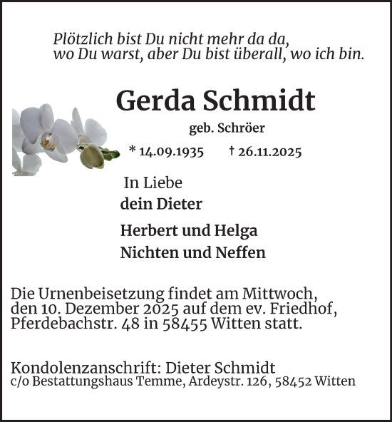 Traueranzeige von Gerda Schmidt von Tageszeitung
