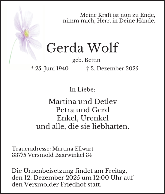 Traueranzeige von Gerda Wolf von Tageszeitung
