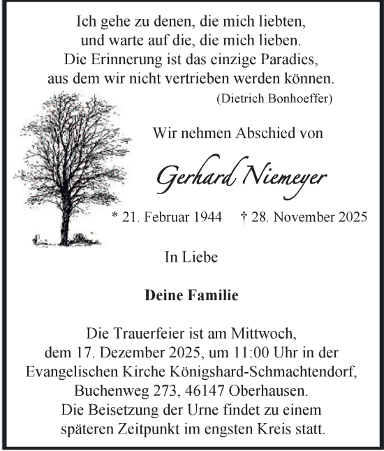Traueranzeige von Gerhard Niemeyer von Tageszeitung