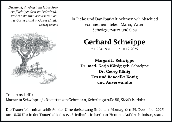 Traueranzeige von Gerhard Schwippe von Tageszeitung