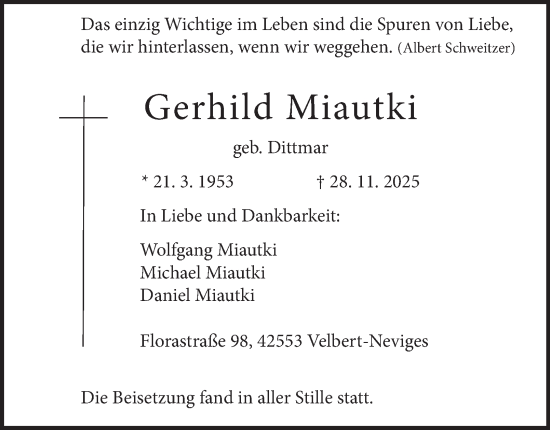 Traueranzeige von Gerhild Miautki von Tageszeitung