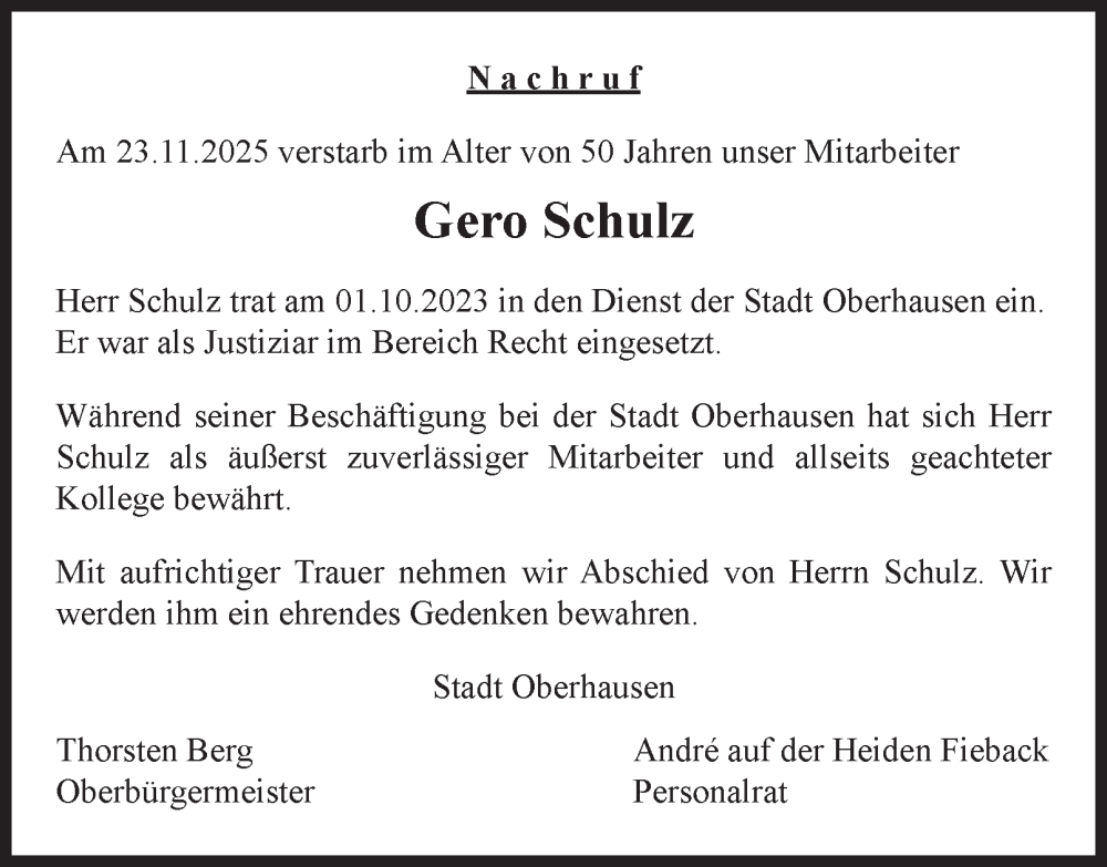  Traueranzeige für Gero Schulz vom 20.12.2025 aus Tageszeitung