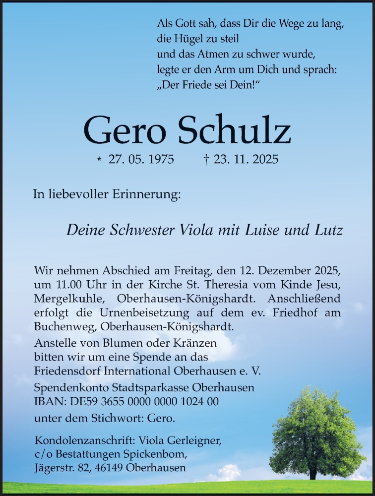  Traueranzeige für Gero Schulz vom 06.12.2025 aus Tageszeitung