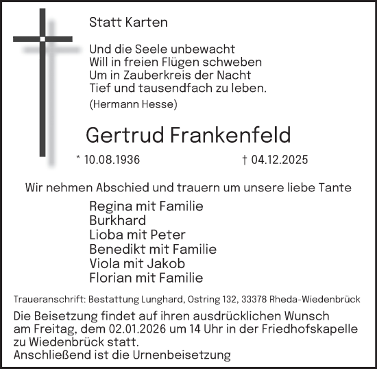 Traueranzeige von Gertrud Frankenfeld von Tageszeitung