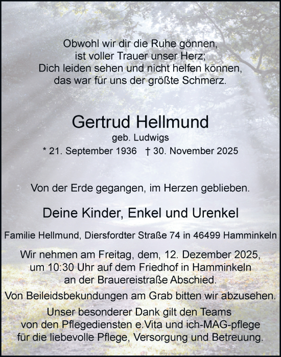 Traueranzeige von Gertrud Hellmund von Tageszeitung