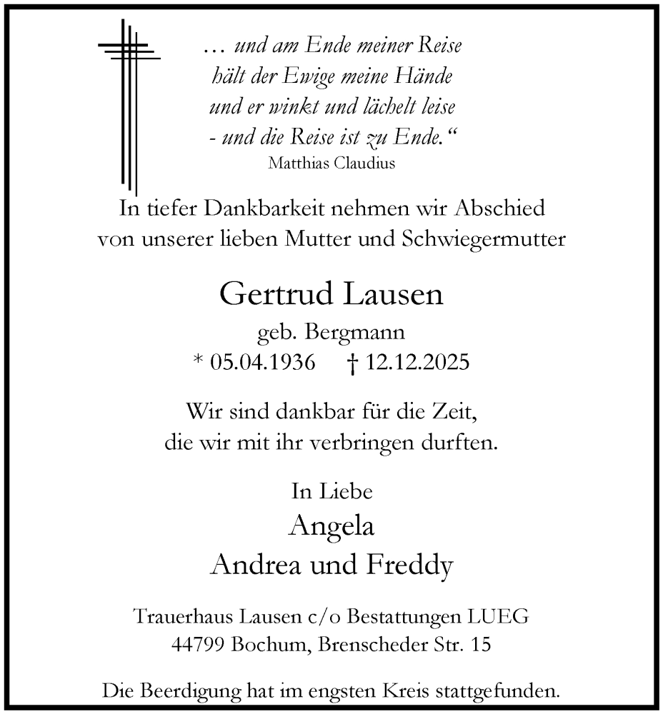  Traueranzeige für Gertrud Lausen vom 20.12.2025 aus Tageszeitung