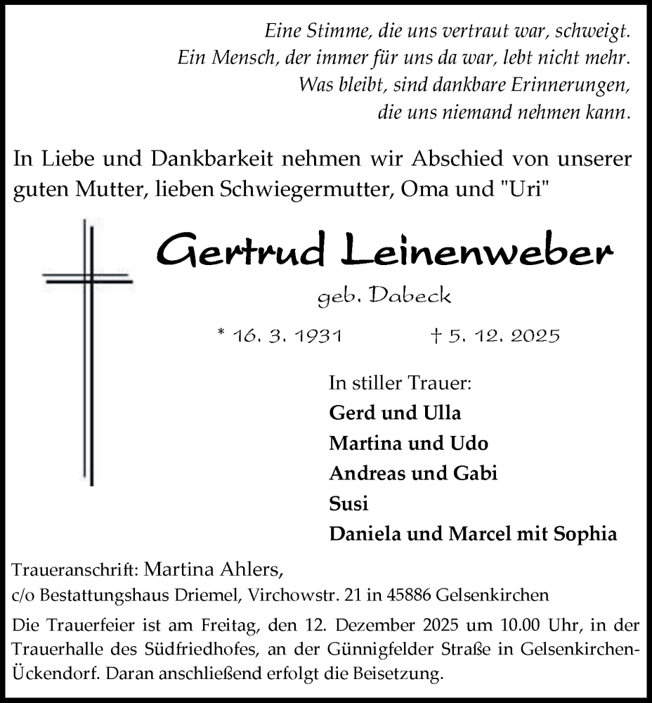  Traueranzeige für Gertrud Leinenweber vom 10.12.2025 aus Tageszeitung